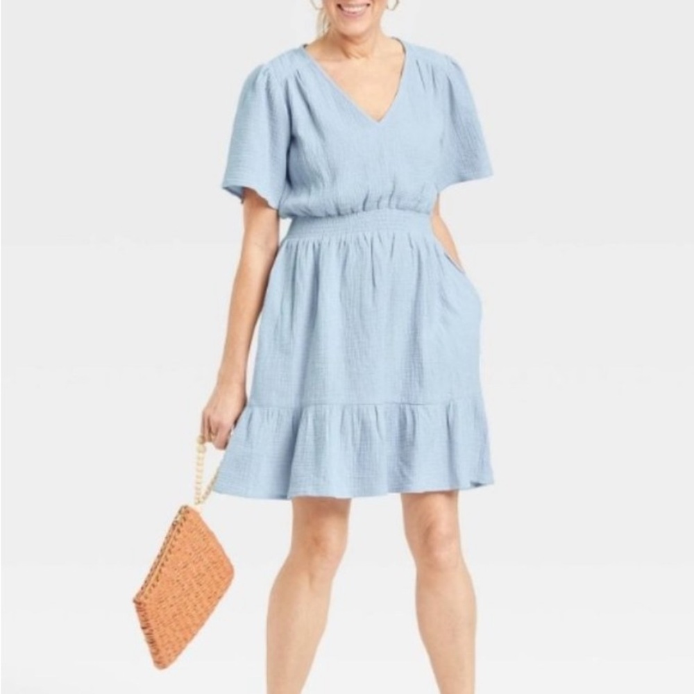 Knox Rose Light Blue Flutter Sleeve V-Neck Women's Dress sz Small